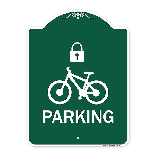 Signmission Parking With Cycle and Lock, Green & White Aluminum Architectural Sign, 18" x 24", GW-1824-23476 A-DES-GW-1824-23476 - main